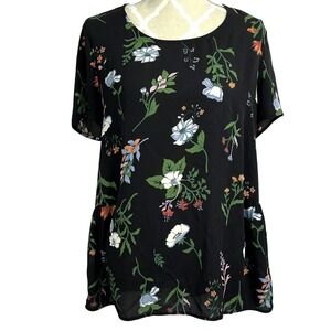 Pleione Womens Floral Print Short Sleeve Ruffle Hem Blouse Top Size L